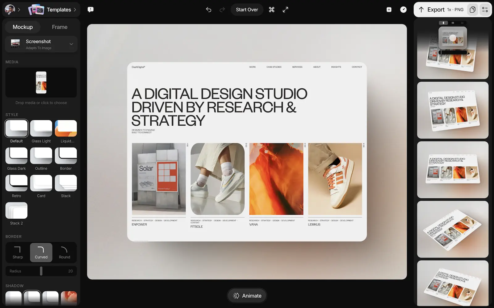 Shots offers a variety of layouts to choose from including phones, tablets, browsers and more, all with different angles and perspectives