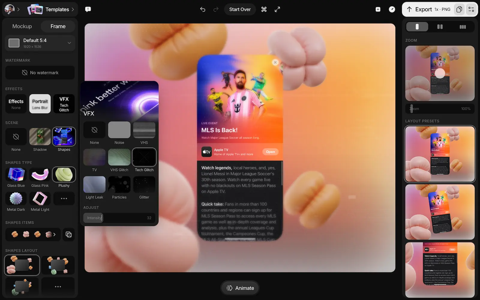 Visual filters including noise, VHS, and glitch effects for cinematic mockups