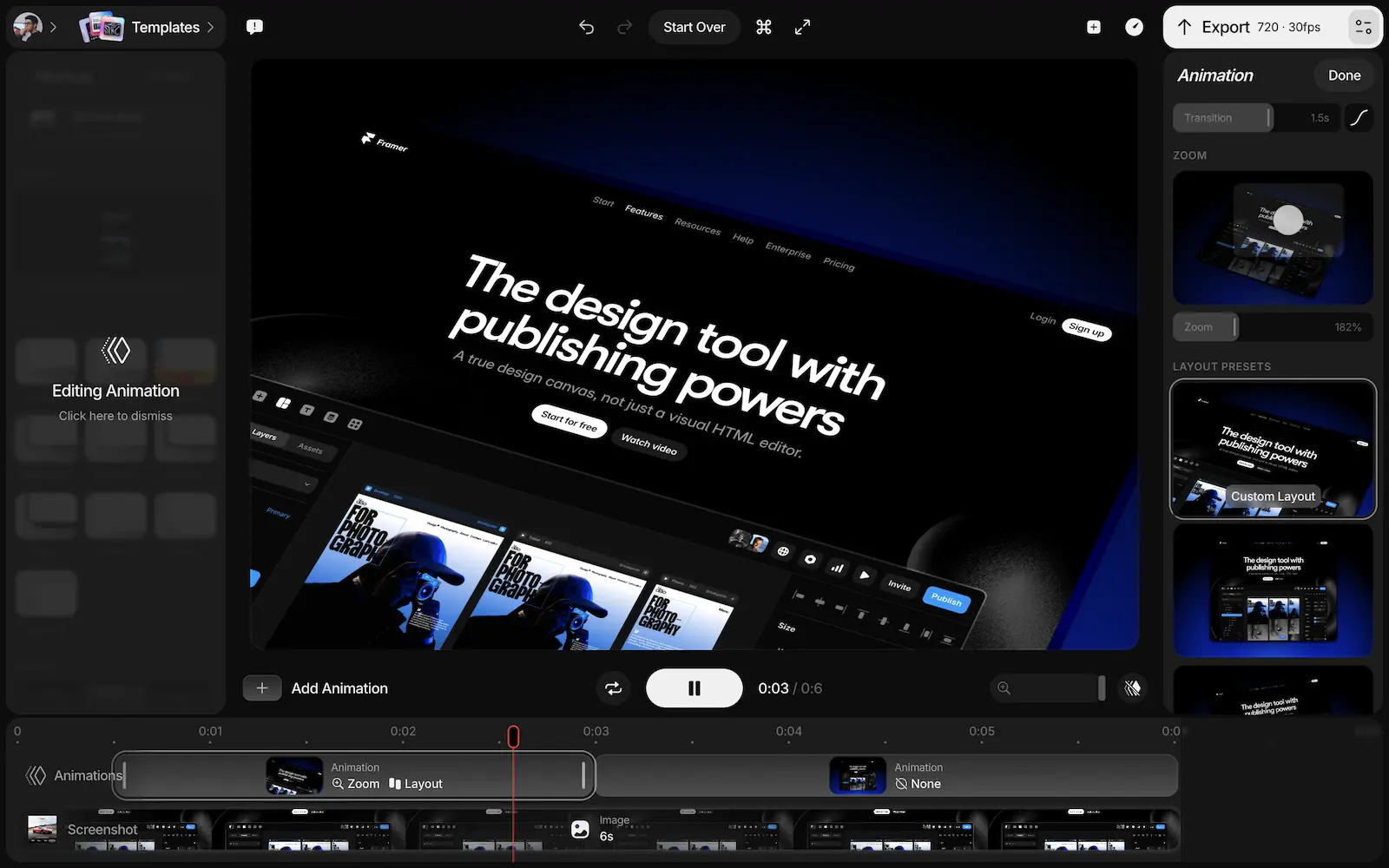 Video mockup editor with zoom effects and animation presets for creating engaging content