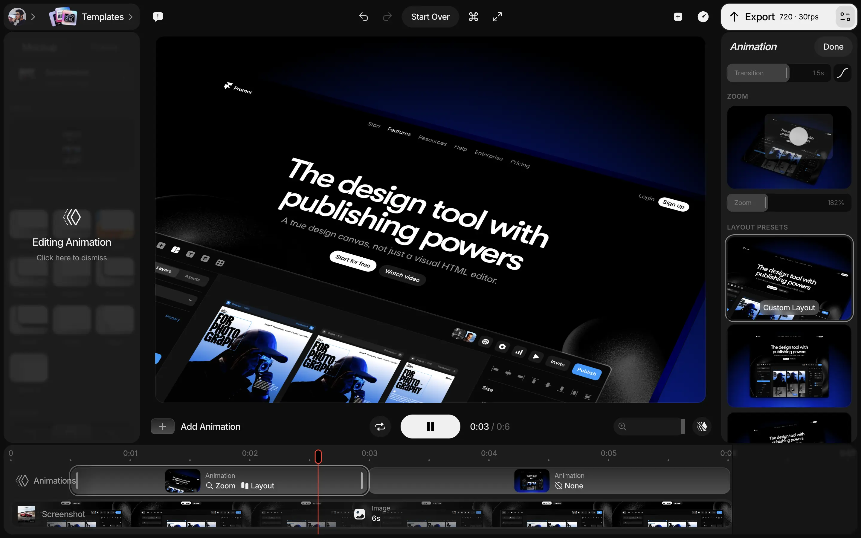 Zoom effect feature with parallax animation for highlighting key design elements