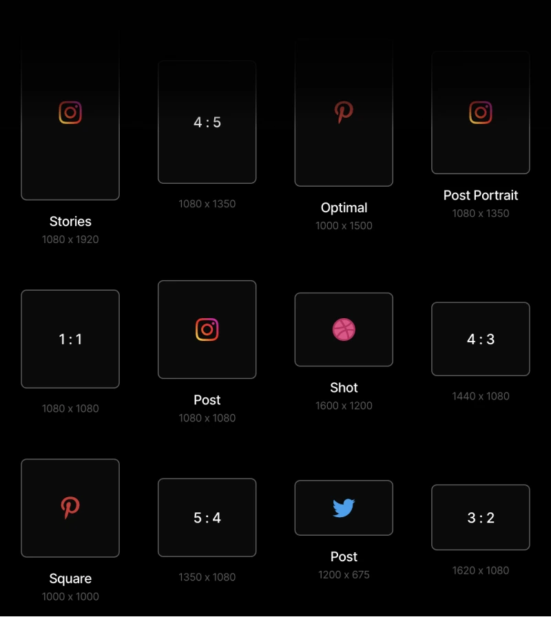 Export mockups with social media frame presets and shareable links